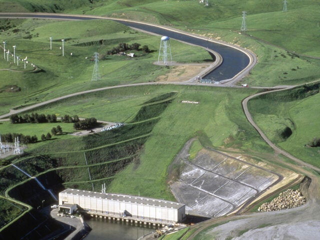 An aerial view of the Harvey O. Banks Delta Pumping Plant, the first major plant designed and constructed within the California State Water Project. The facility located in Alameda County has a number of pumps that lifts water into the California Aqueduct. It was renamed from the Delta Pumping Plant to the Harvey O. Banks Delta Pumping Plant in June 1981, to honor the first Director of the California Department of Water Resources.