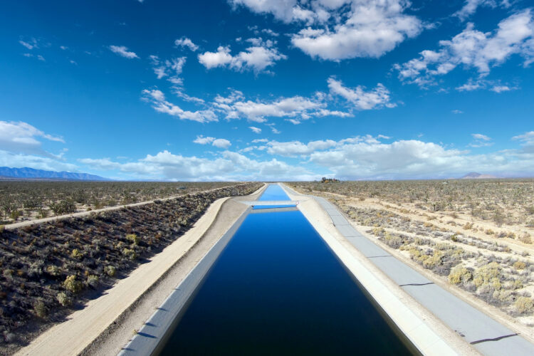 View of the California Aqueduct moving water through the Mojave Desert towards Los Angeles.
