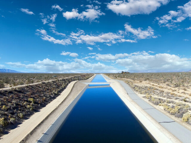 View of the California Aqueduct moving water through the Mojave Desert towards Los Angeles.