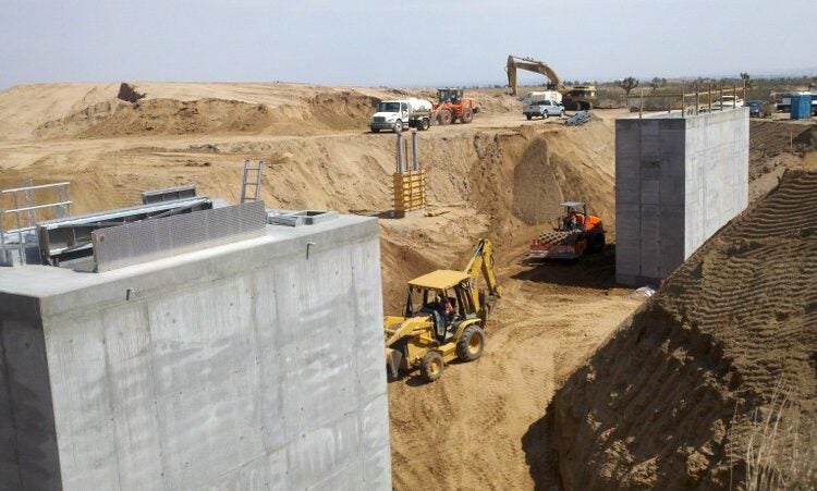 Construction site with large concrete structures