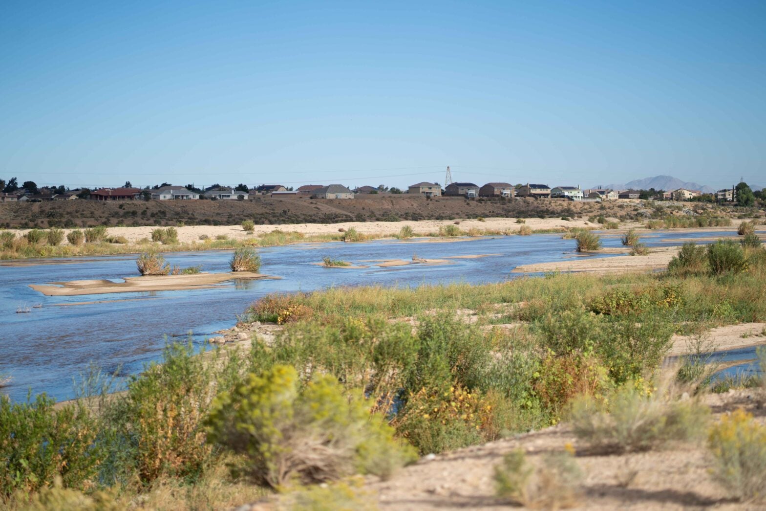 A wide, shallow river with patches of vegetation flows through a desert area, with a row of houses and clear blue sky in the background.