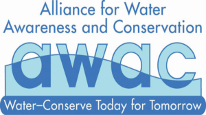 Alliance for Water Awareness and Conservation logo with the acronym "AWAC" and the slogan "Water-Conserve Today for Tomorrow" in blue text.