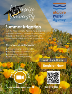 Flyer for Mojave Water Agency's free online Summer Irrigation course, featuring a field of poppies, course details, date, QR code, and registration information.