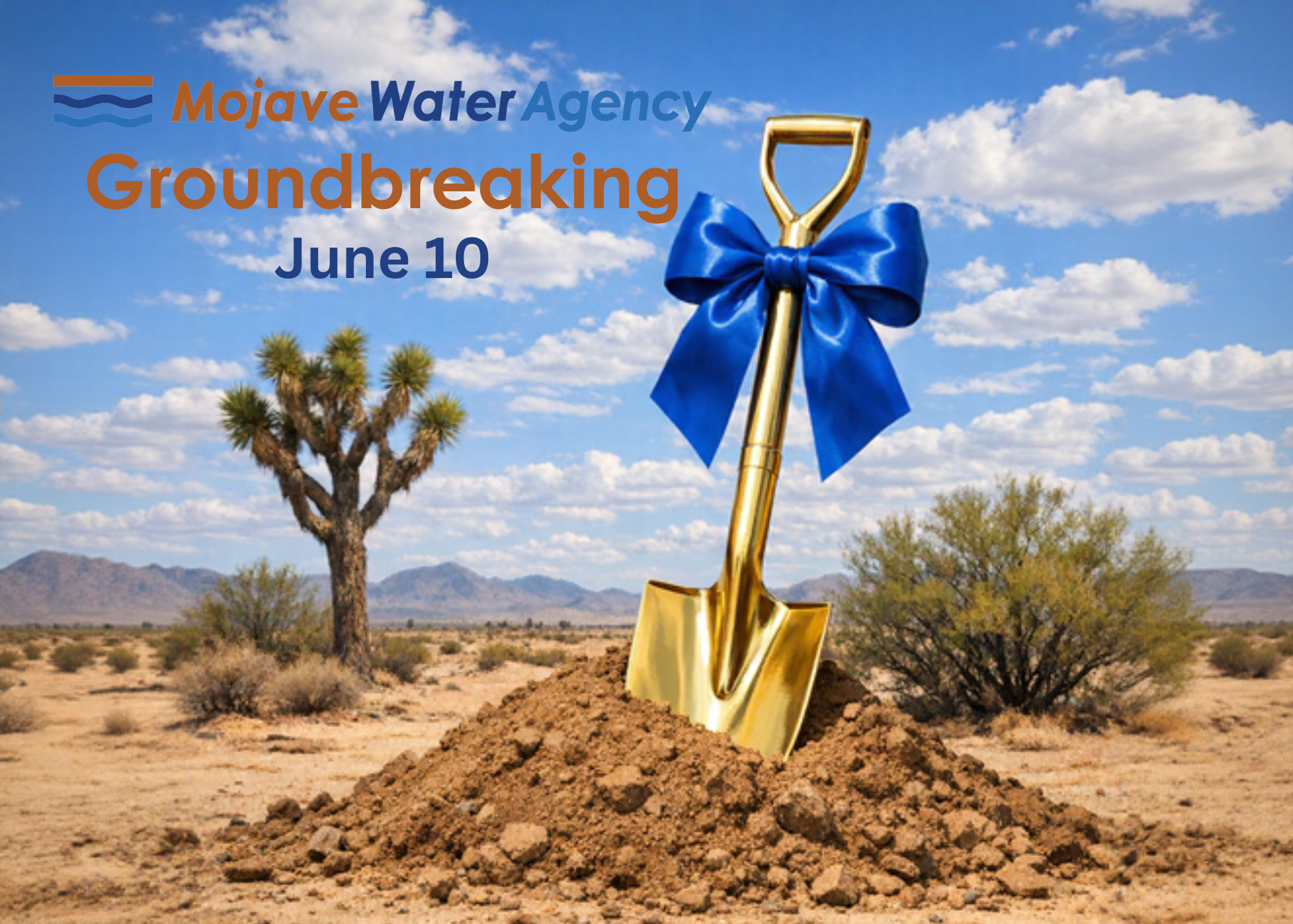 A gold shovel with a blue bow stands in a dirt mound in a desert landscape, with text announcing the Mojave Water Agency Groundbreaking on June 10.