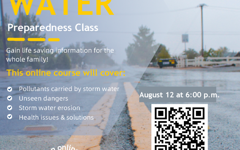 A flyer advertising a rain harvesting and stormwater preparedness class by Mojave Water Agency, with a road, QR code, and registration info.