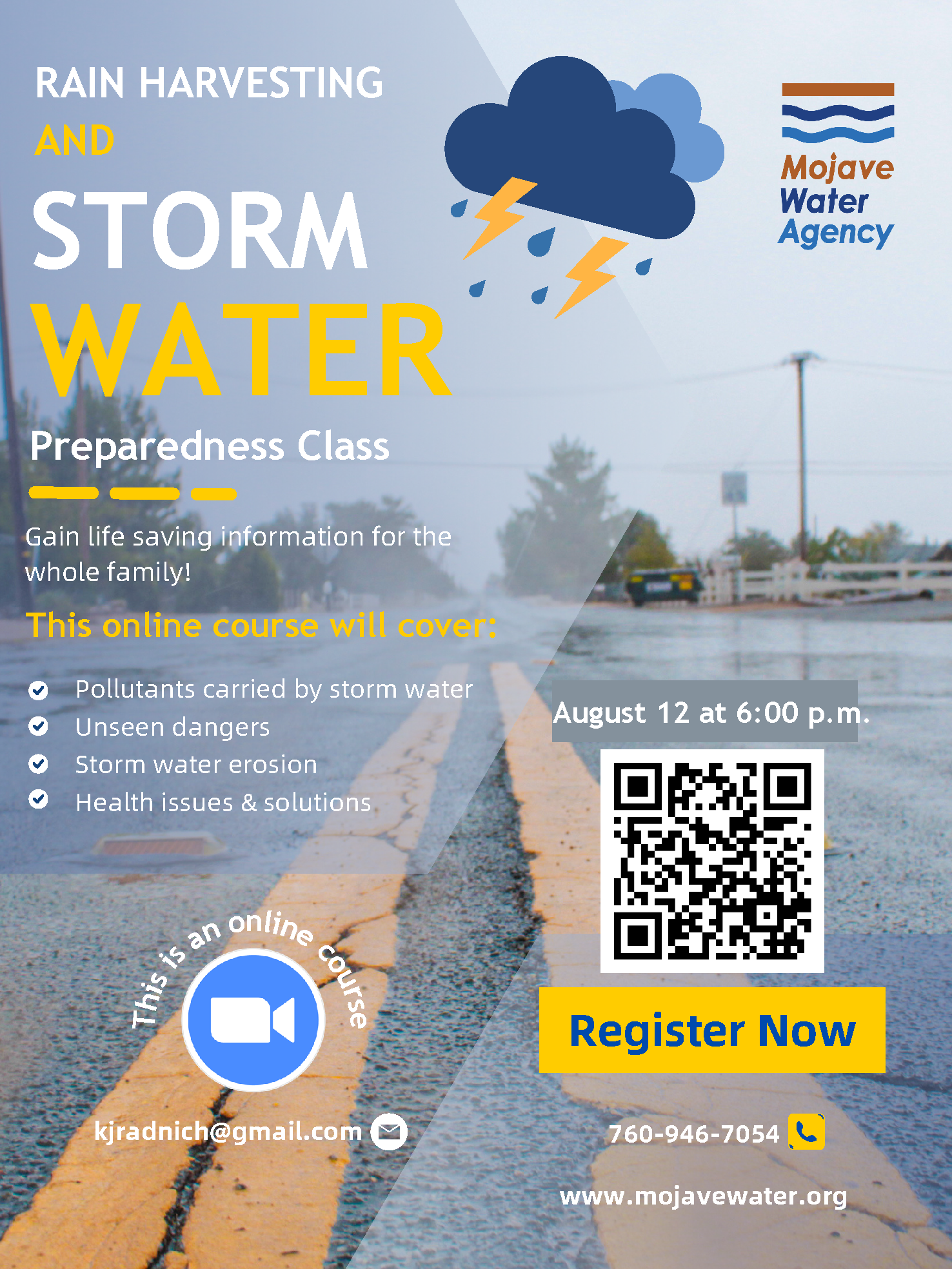 A flyer advertising a rain harvesting and stormwater preparedness class by Mojave Water Agency, with a road, QR code, and registration info.