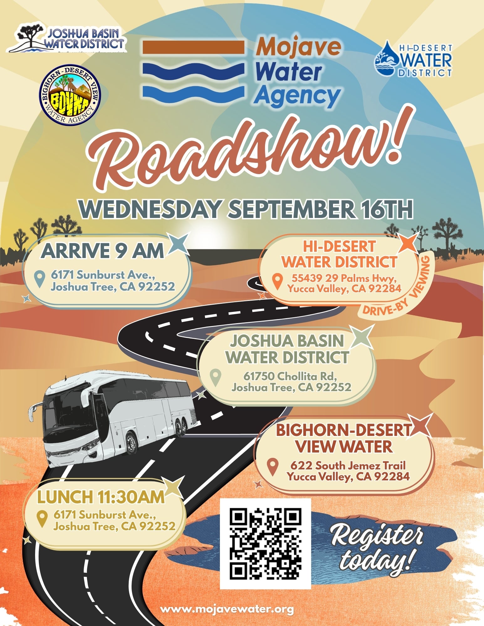 Flyer for Mojave Water Agency Roadshow on Wednesday, September 16th, listing stops, addresses, and times, with logos, a car, and “Register today!” in a red circle.