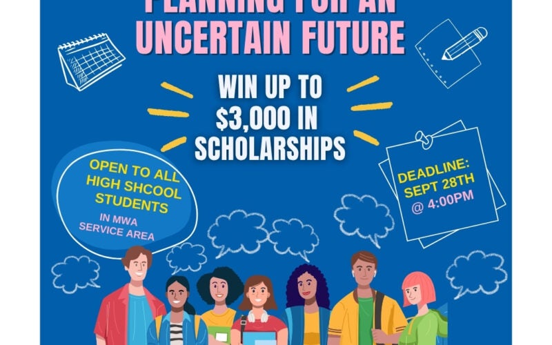 Student essay contest flyer with prizes up to $3,000 in scholarships, open to high school students, deadline September 28, with illustrations of students and school supplies on a blue background.