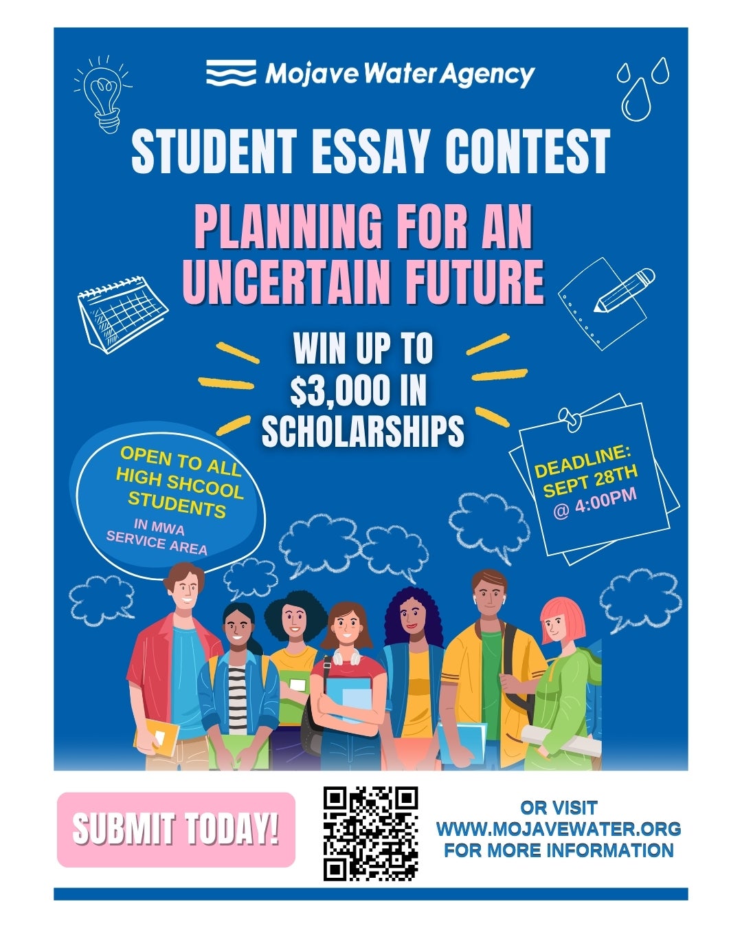 Student essay contest flyer with prizes up to $3,000 in scholarships, open to high school students, deadline September 28, with illustrations of students and school supplies on a blue background.