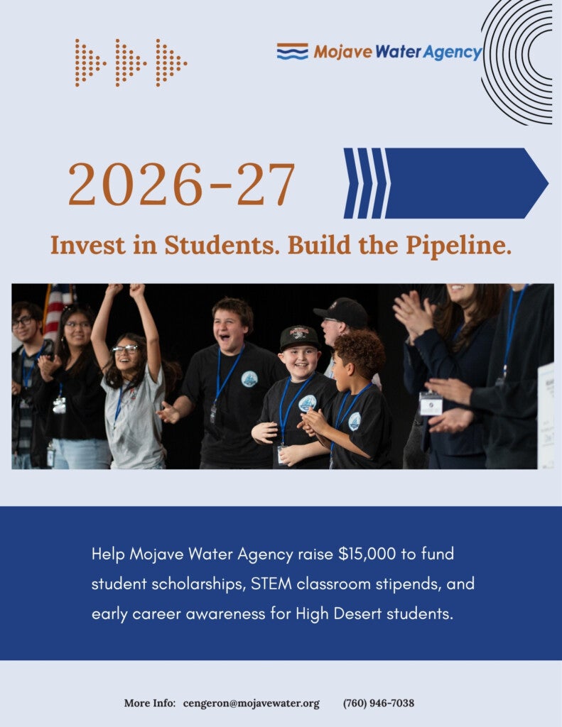 Mojave Water Agency 2026-27 flyer to raise $15,000 for student scholarships and STEM programs, featuring a photo of students cheering. Includes contact information for cengeron@mojavewater.org and (760) 946-7038.